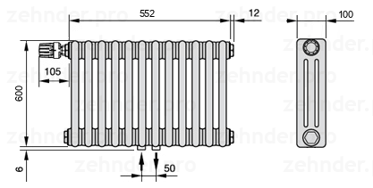 Схема (чертеж) Радиатор Zehnder Charleston 3060/12 №V007 Белый глянцевый RAL 9016